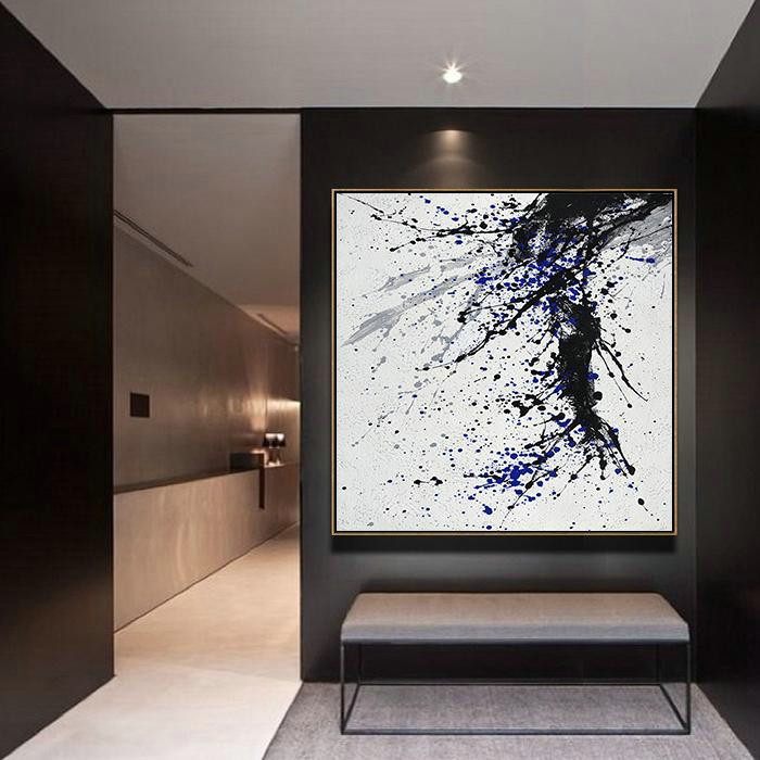 Abstract Painting Extra Large Canvas Art,Minimalist Drip Painting On Canvas, Black, White, Grey, Blue - Hand-Painted Contemporary Art